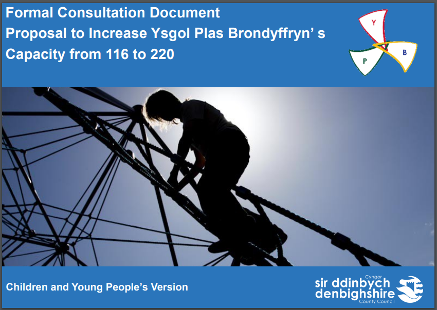 Picture showing the front cover of the children & young persons version of the consultation document for Ysgol Plas Brondyffryn
